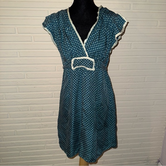 Betsey Johnson Teal Polka Dot Silk Flutter Sleeve Vintage Dress, Women’s Size 6 - Picture 1 of 10